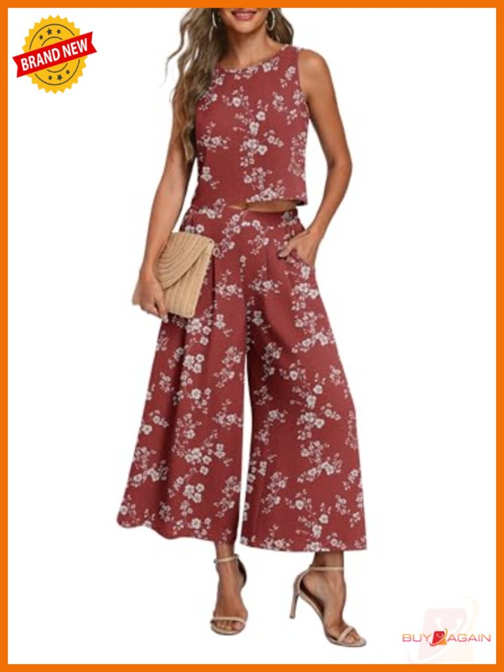 Sleeveless Crop Top & Wide Leg Pants Set Lightweight Polyester